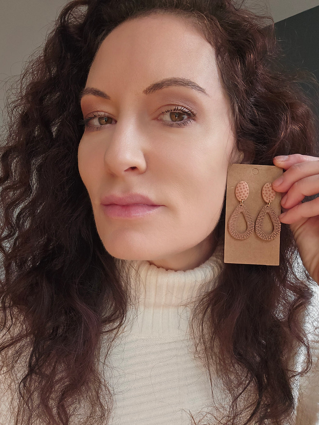 Polymer Clay Dangle Earrings--Tan and Polka dot