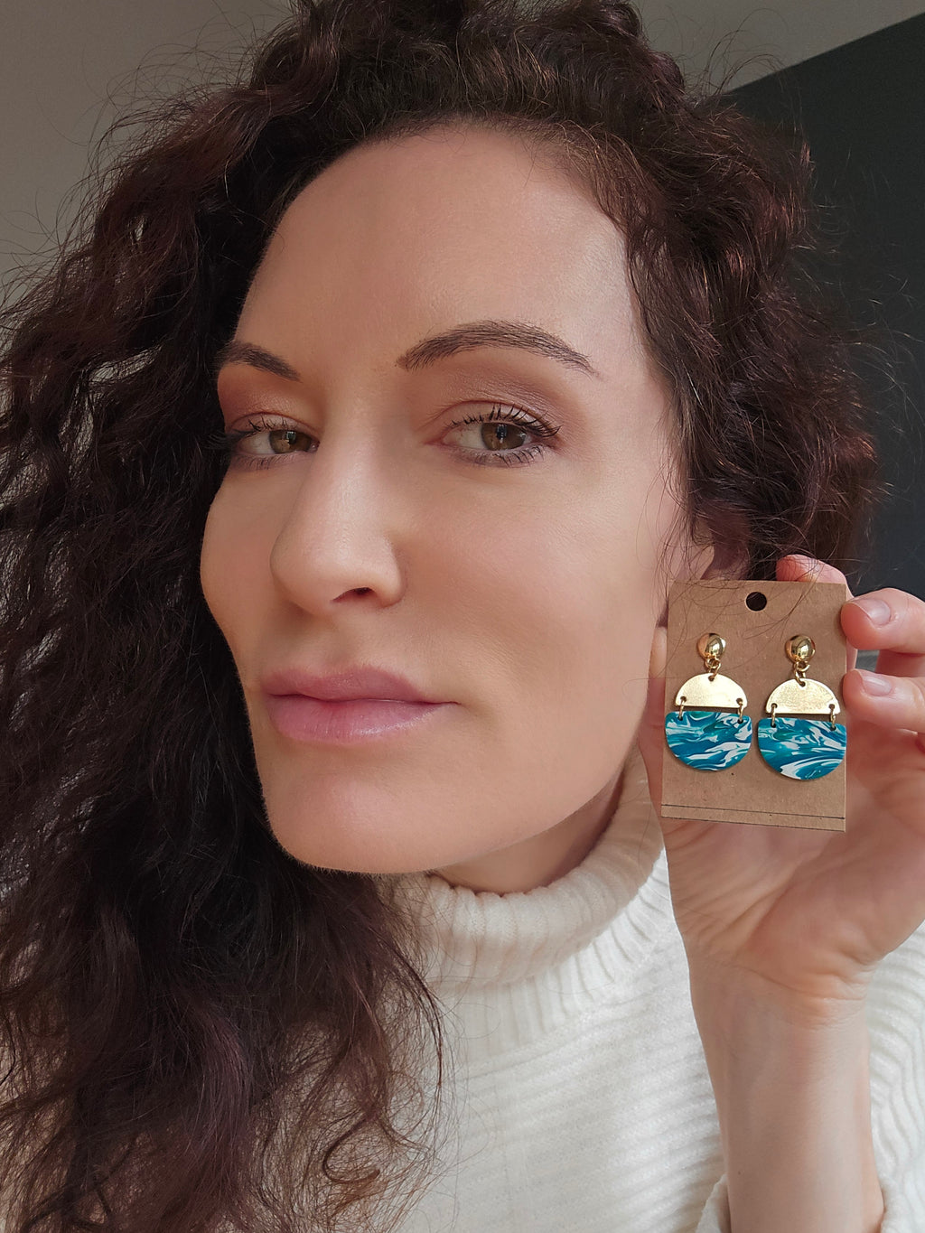 Polymer Clay Earrings--Green Teal Marble Dangles