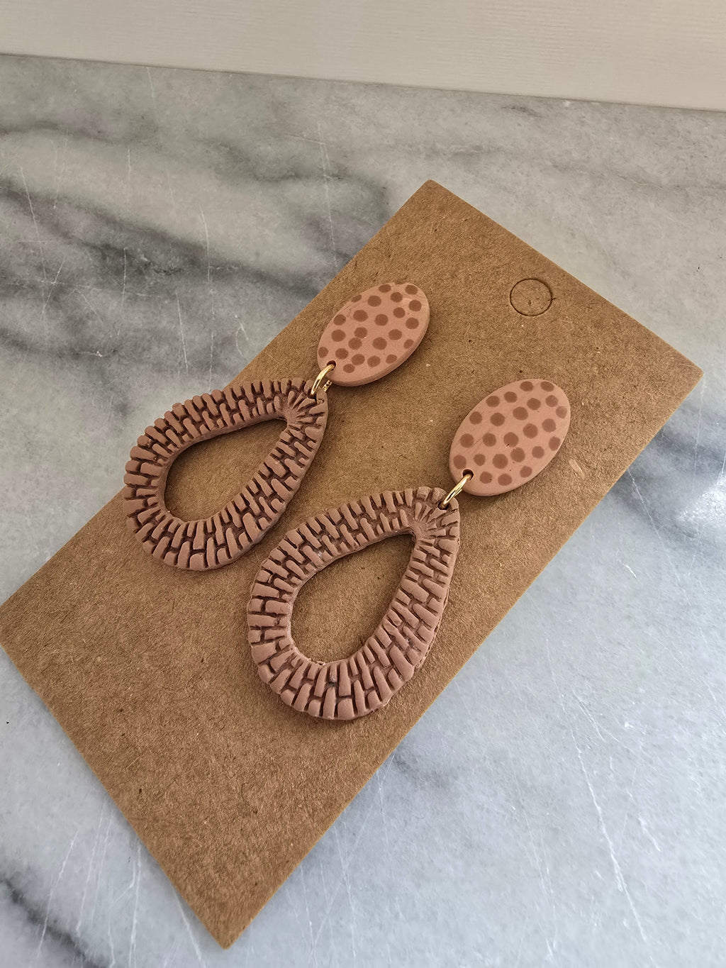 Polymer Clay Dangle Earrings--Tan and Polka dot