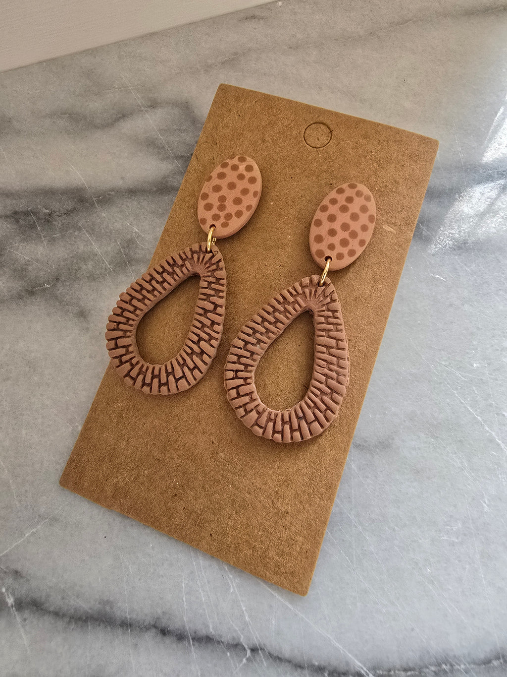 Polymer Clay Dangle Earrings--Tan and Polka dot