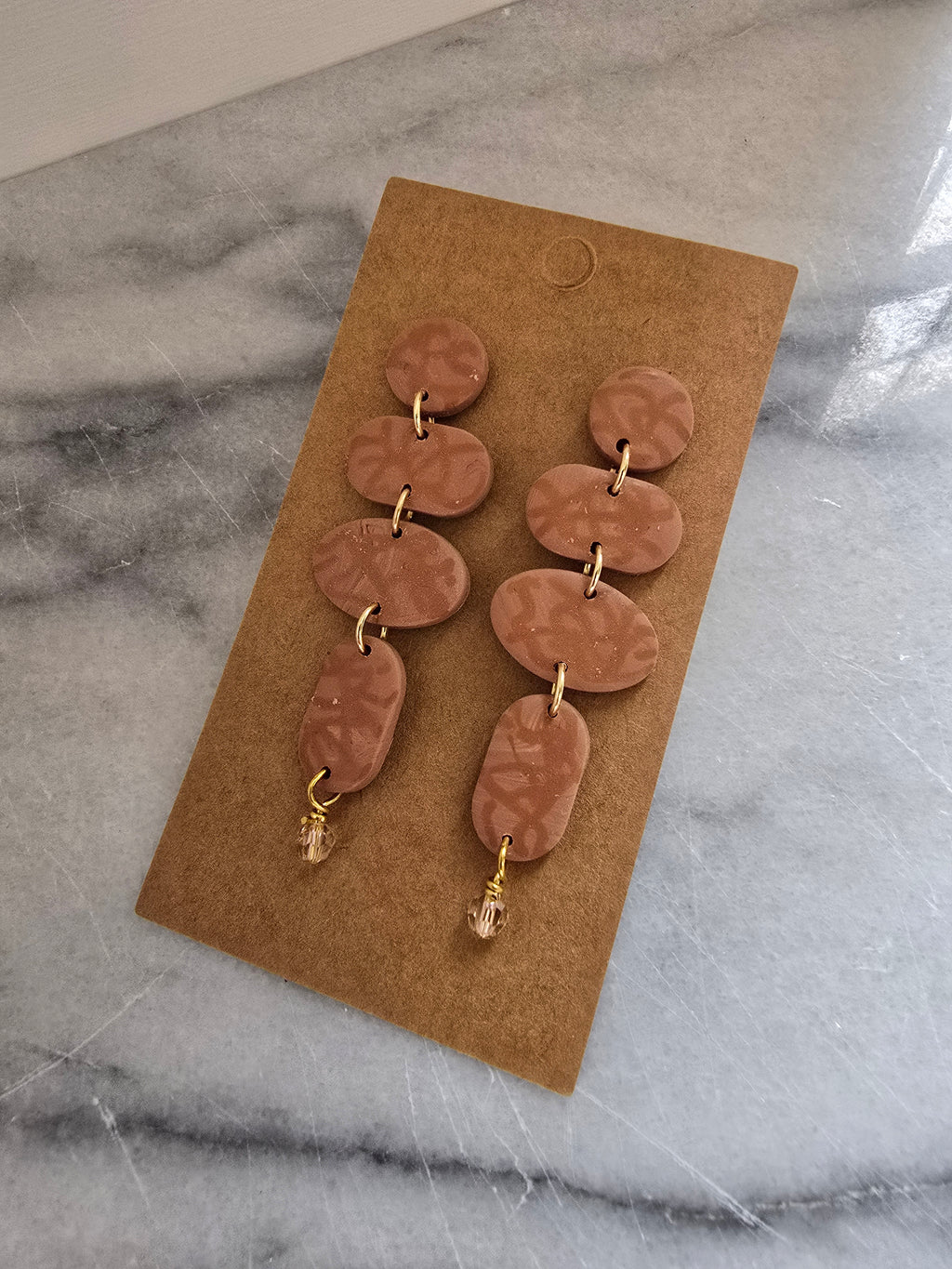 Polymer Clay Earrings--Camel Tan Dangles with Swaroski