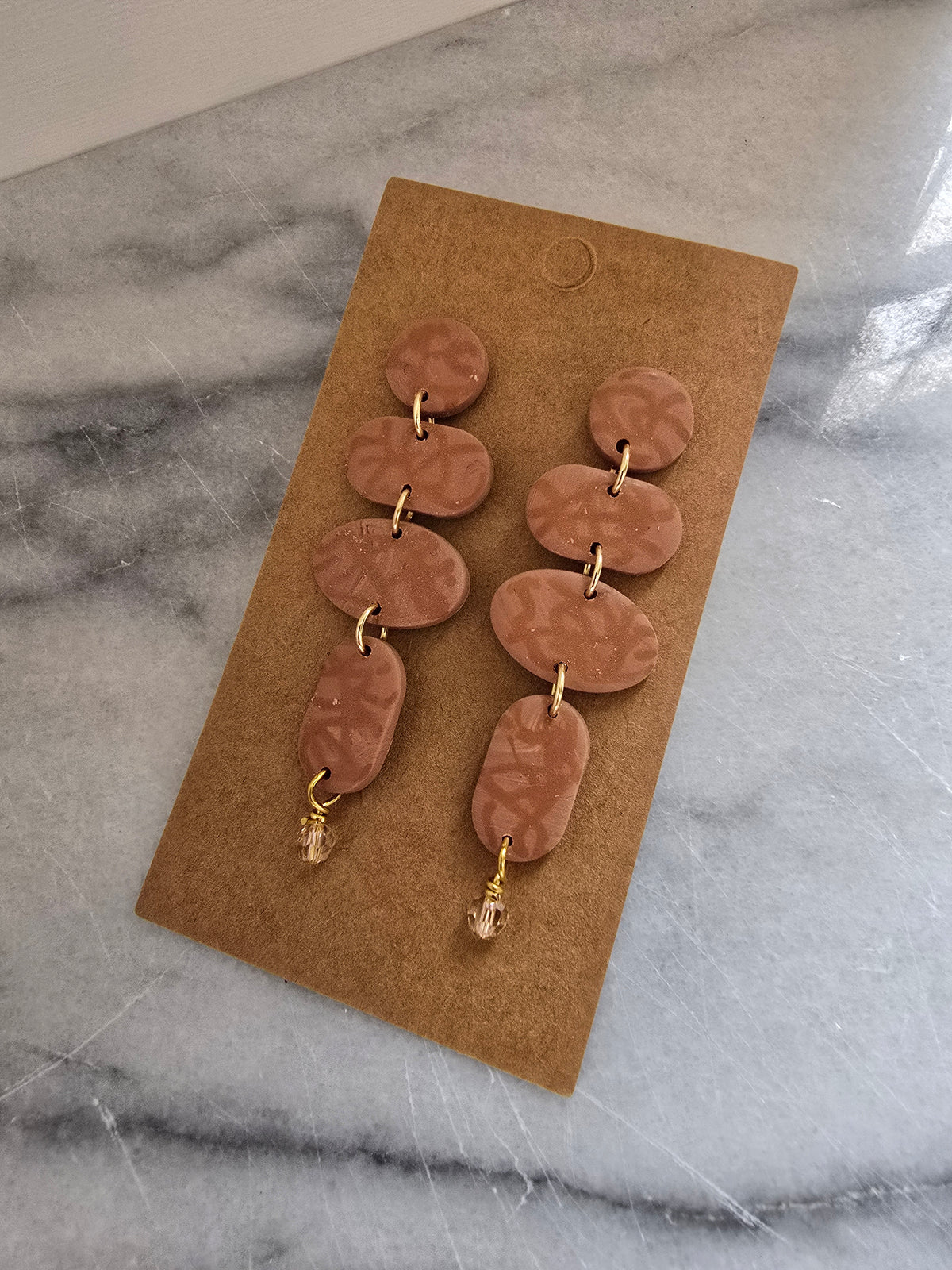 Polymer Clay Earrings--Camel Tan Dangles with Swaroski