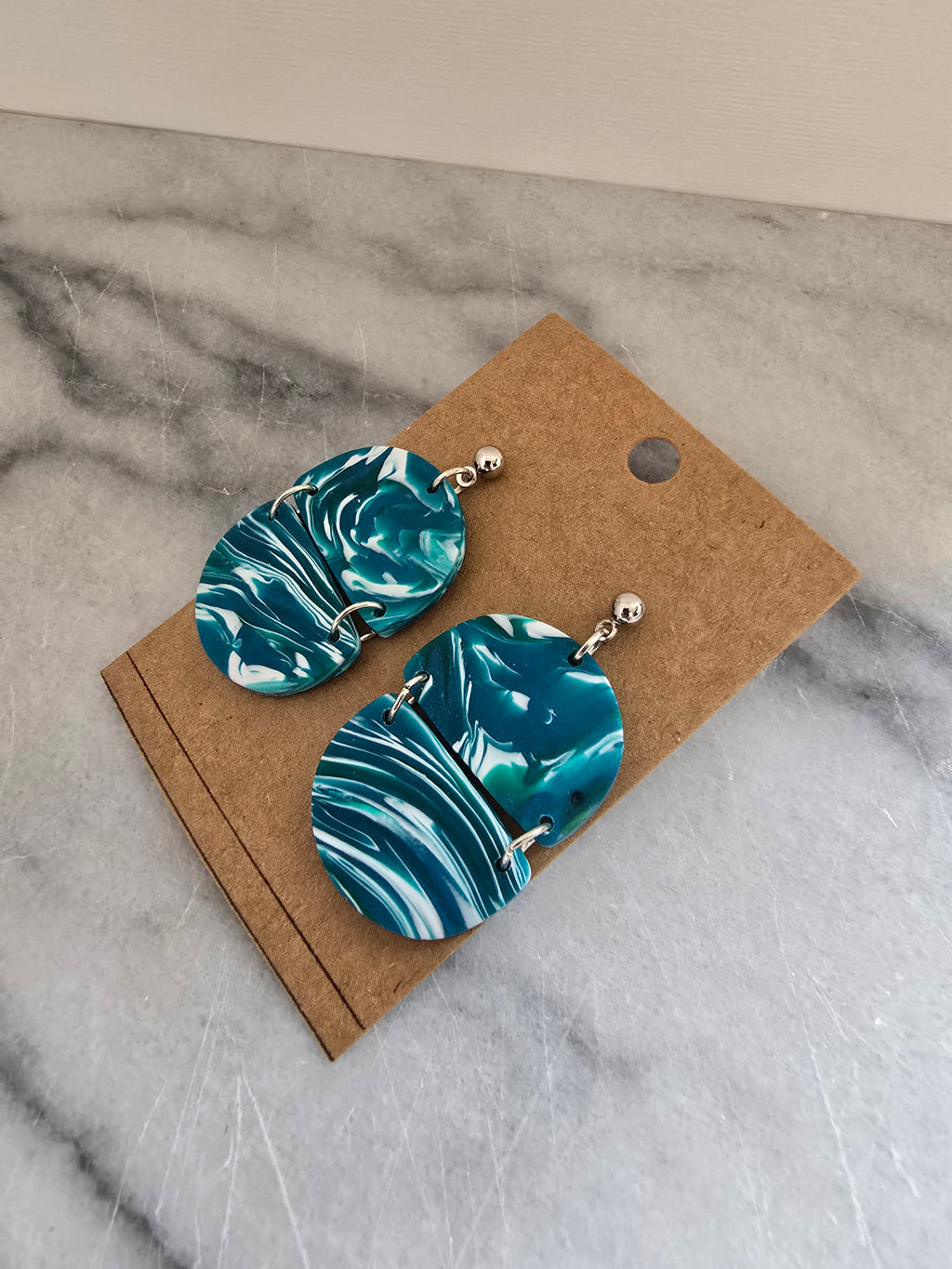Polymer Clay Earrings--Teal Marble Dangles