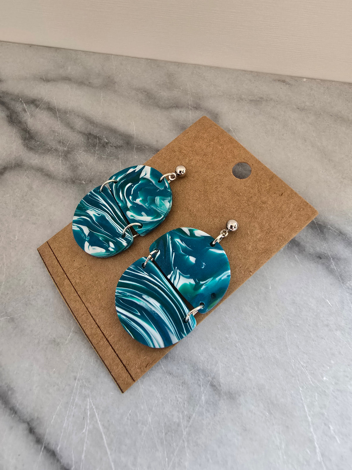 Polymer Clay Earrings--Teal Marble Dangles