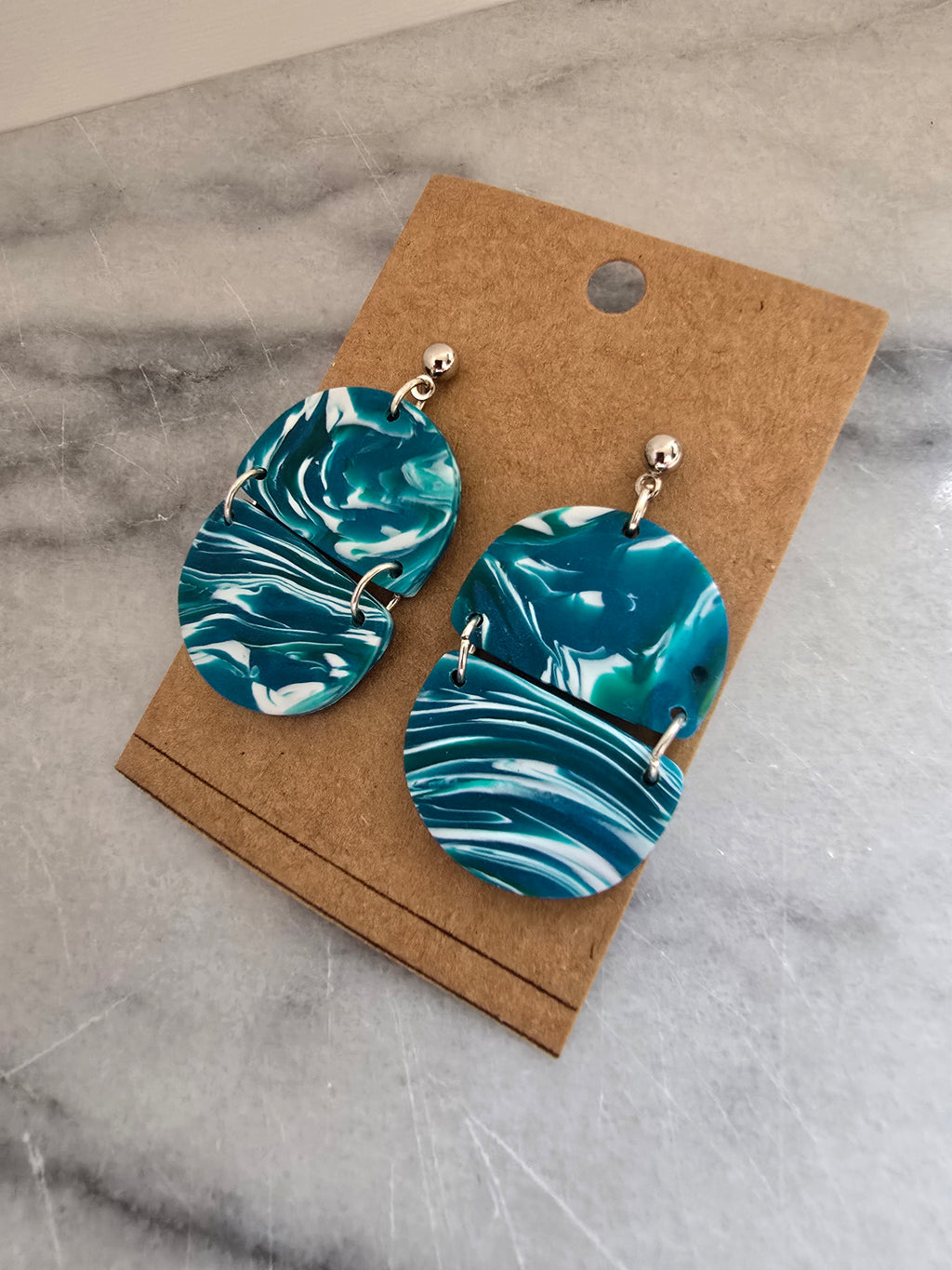 Polymer Clay Earrings--Teal Marble Dangles