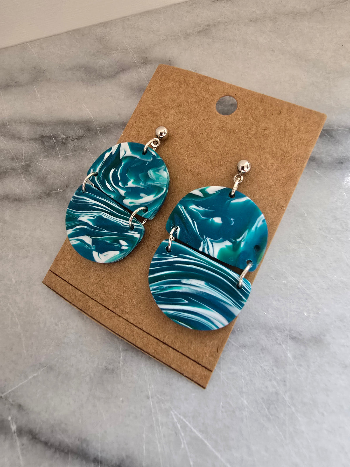 Polymer Clay Earrings--Teal Marble Dangles