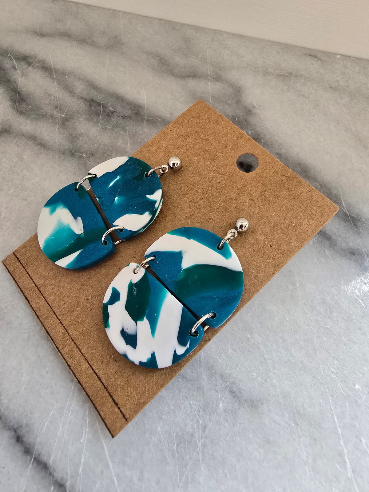 Polymer Clay--Teal Marble Dangles