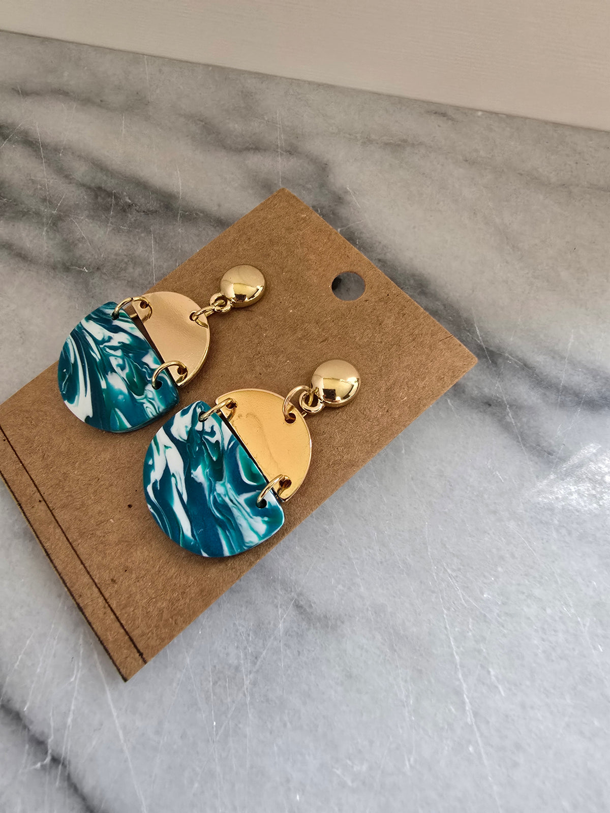 Polymer Clay Earrings--Green Teal Marble Dangles