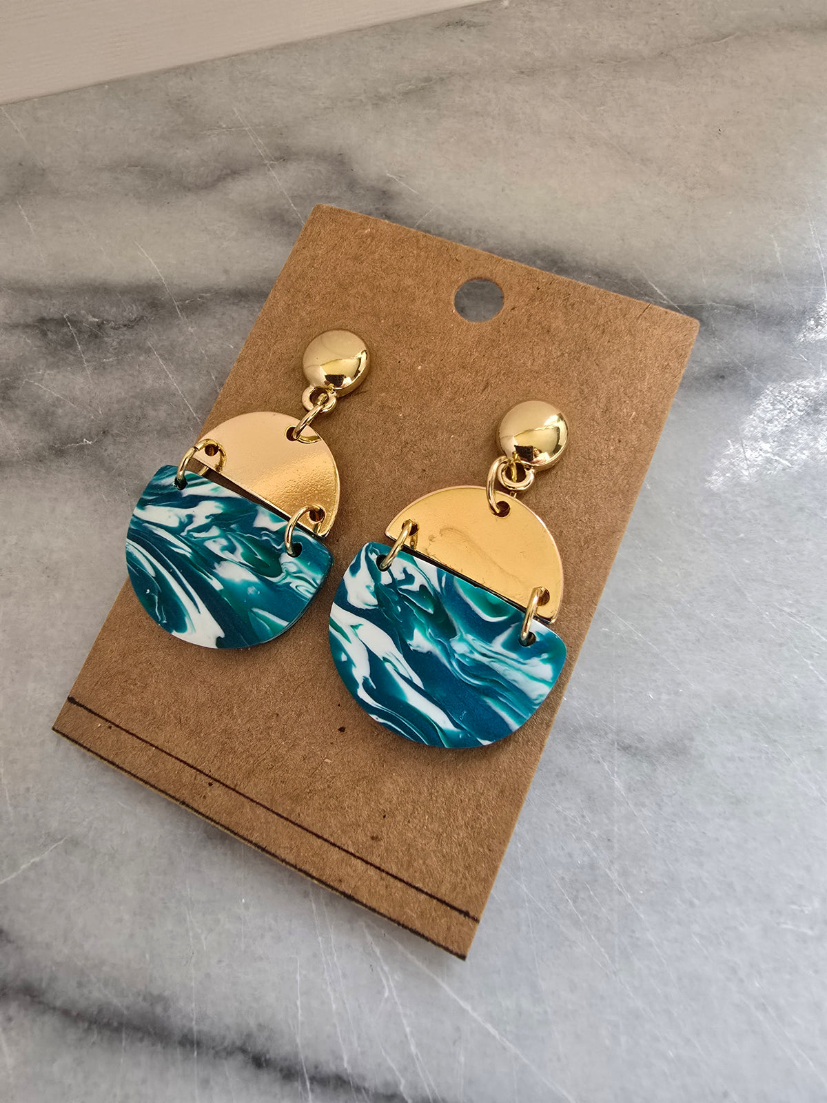 Polymer Clay Earrings--Green Teal Marble Dangles