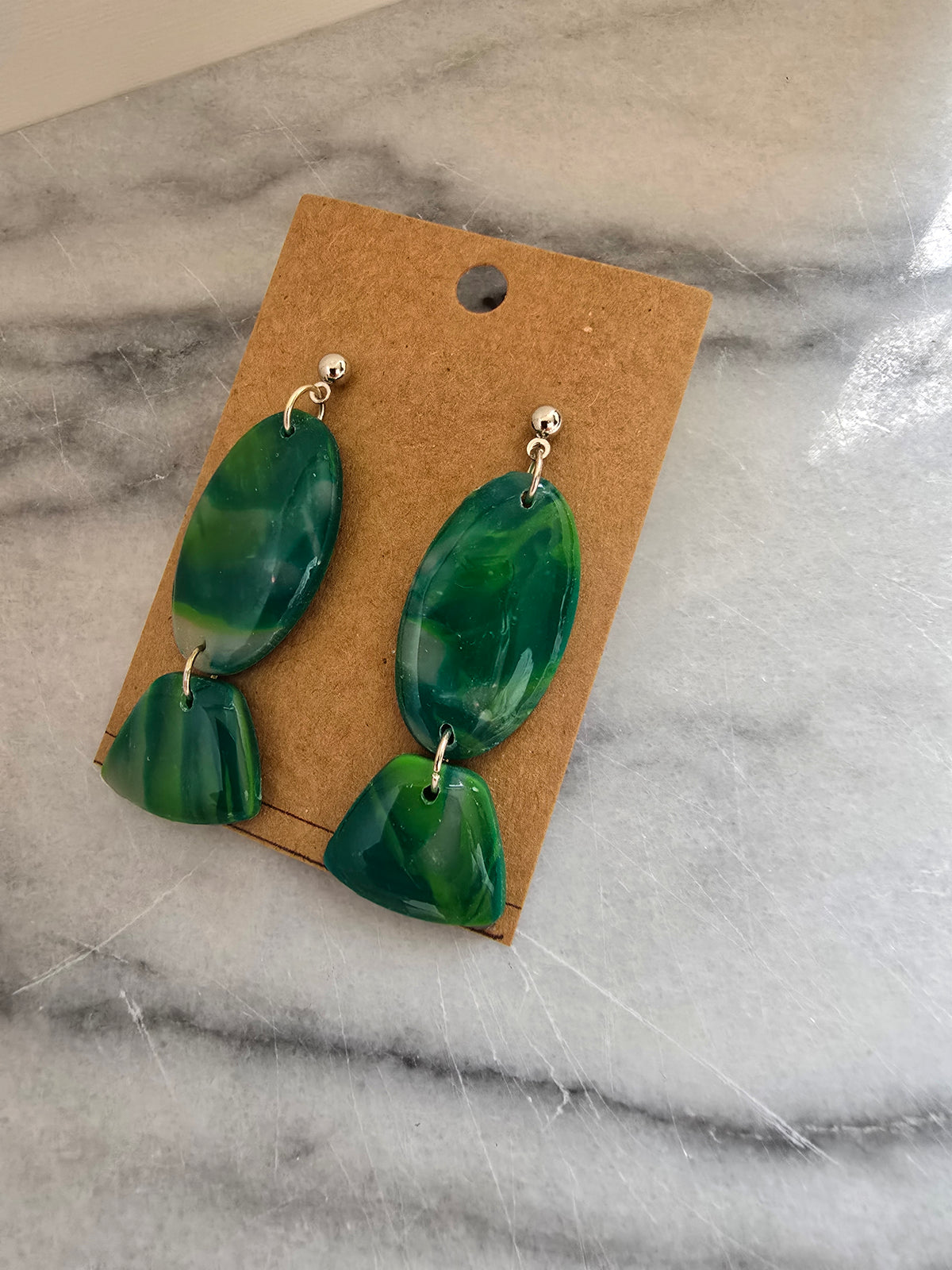 Polymer Clay Earrings--Green Marble Dangles