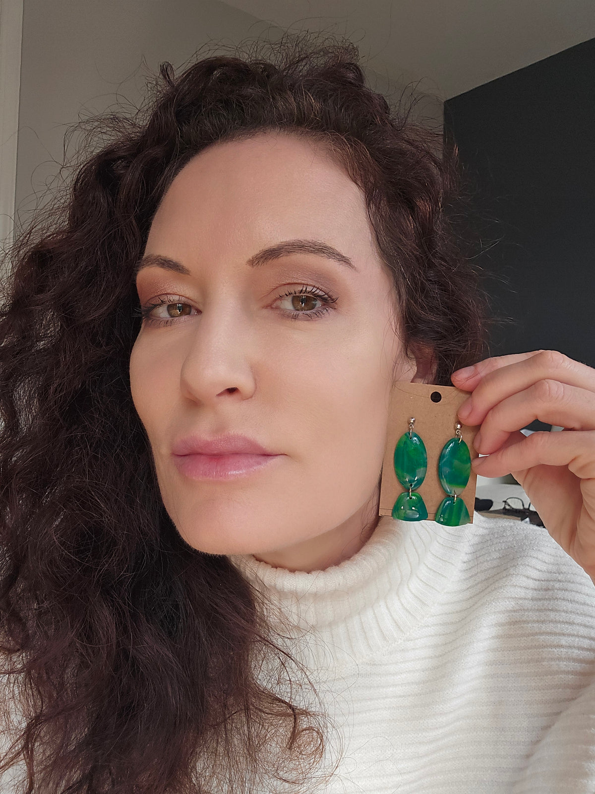 Polymer Clay Earrings--Green Marble Dangles