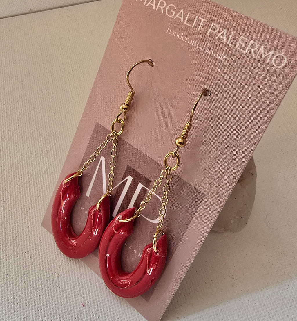 Polymer Clay Chandelier Earrings--Red horseshoe