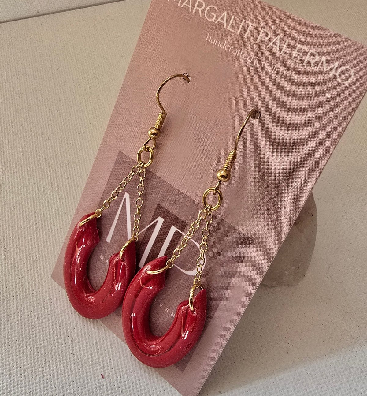 Polymer Clay Chandelier Earrings--Red horseshoe