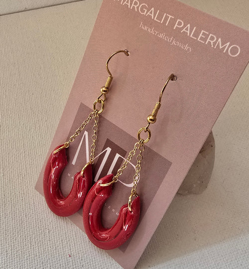 Polymer Clay Chandelier Earrings--Red horseshoe