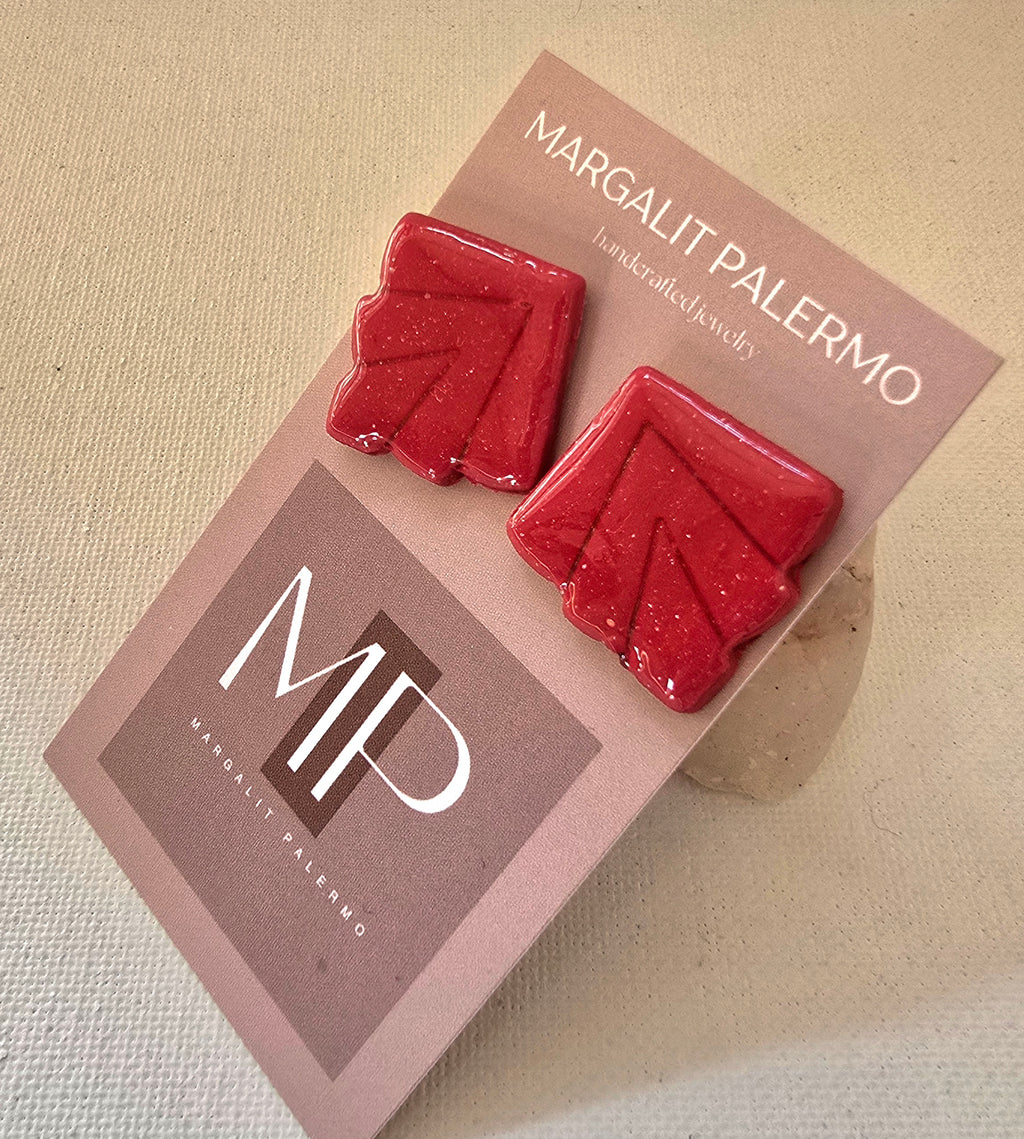 Polymer Clay Earrings--Red Holly Leaf--Resin