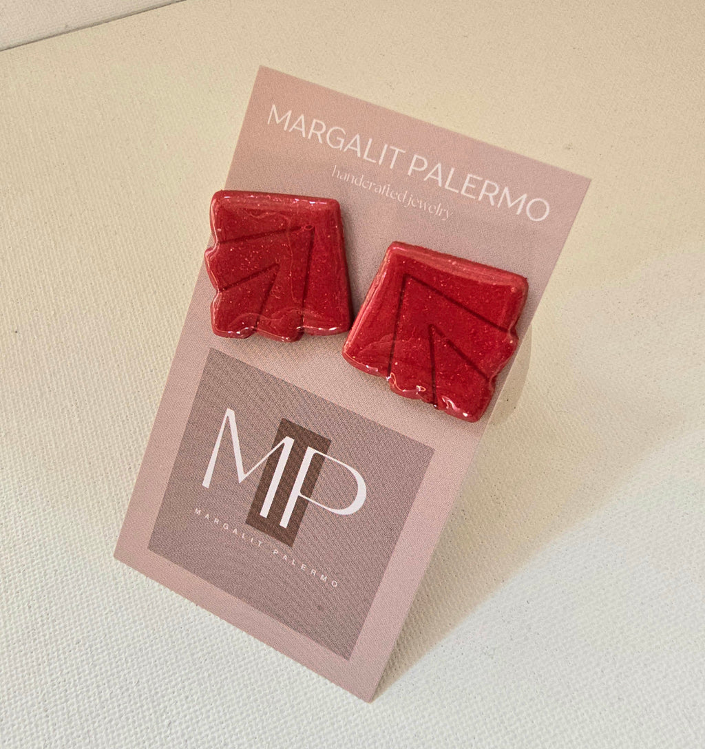 Polymer Clay Earrings--Red Holly Leaf--Resin