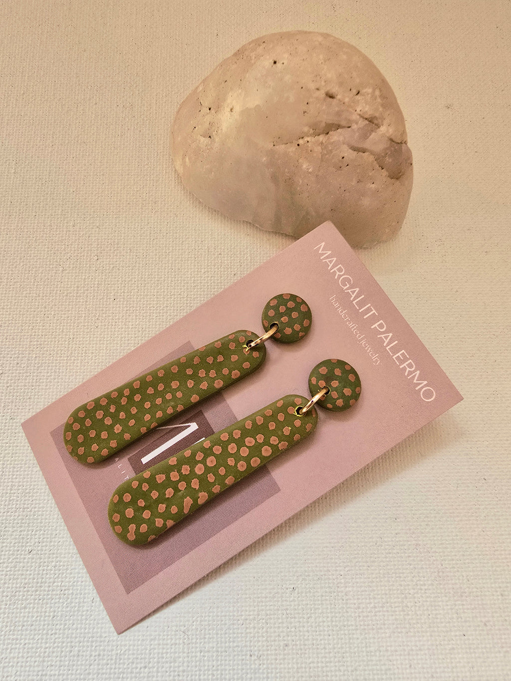 Polymer Clay Earrings--Olive Green with polka dot dangles