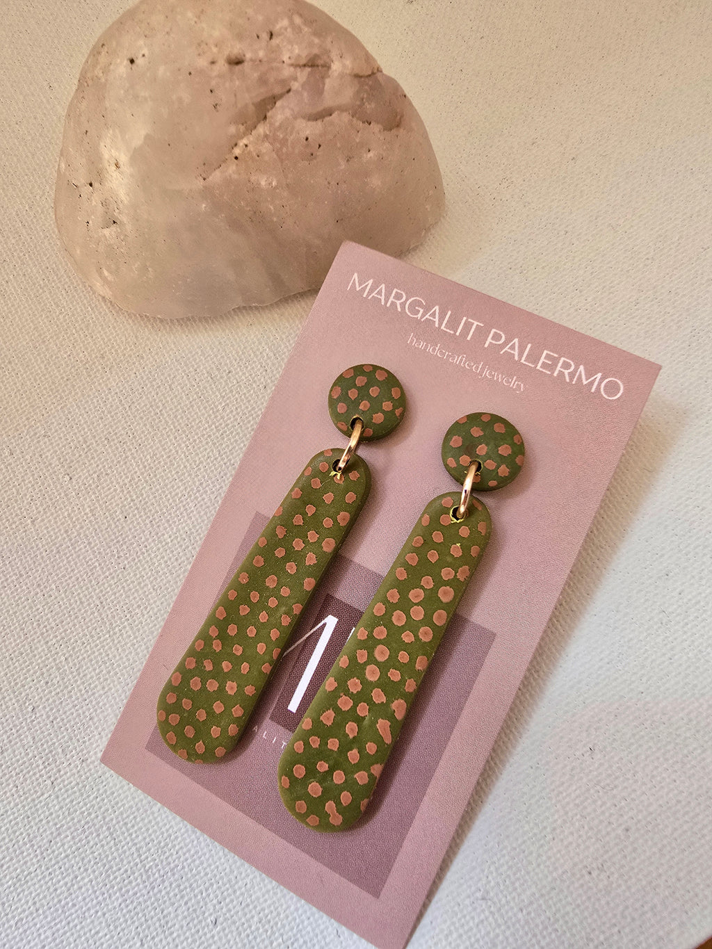 Polymer Clay Earrings--Olive Green with polka dot dangles