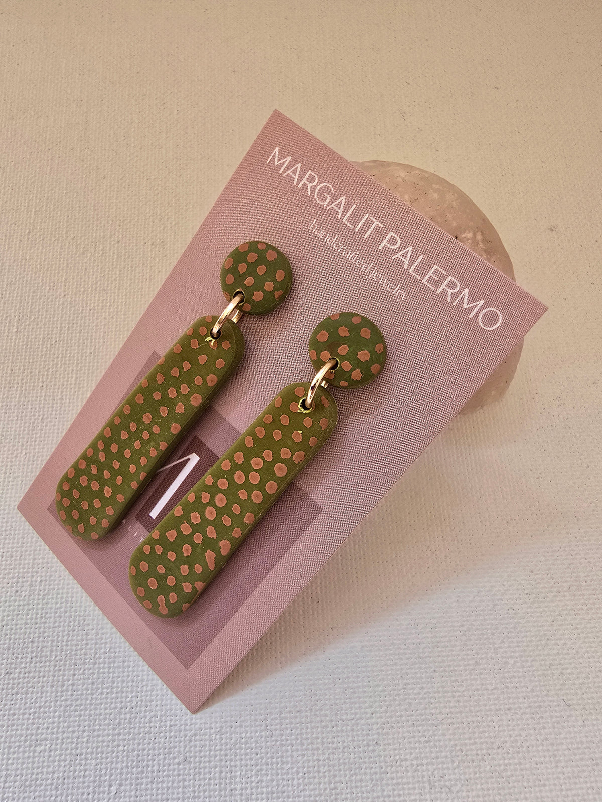 Polymer Clay Earrings--Olive Green with polka dot dangles